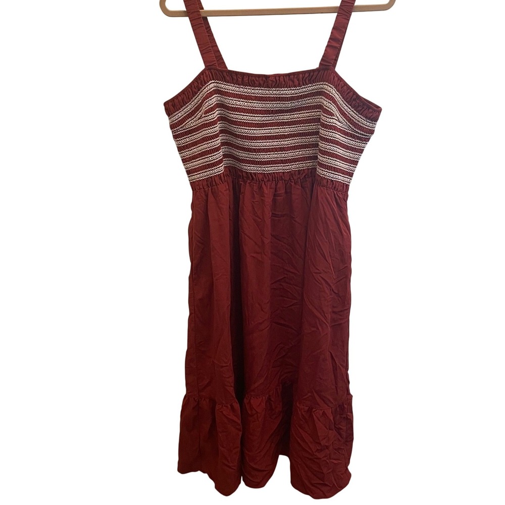 BTFBM Rust Red Smocked Tiered Midi Dress XXL Boho Square Neck Sleeveless